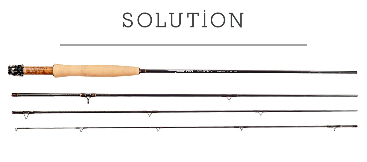 TFO Solution fly rod with handle a configuration shown in four-piece breakdown with cork handle.