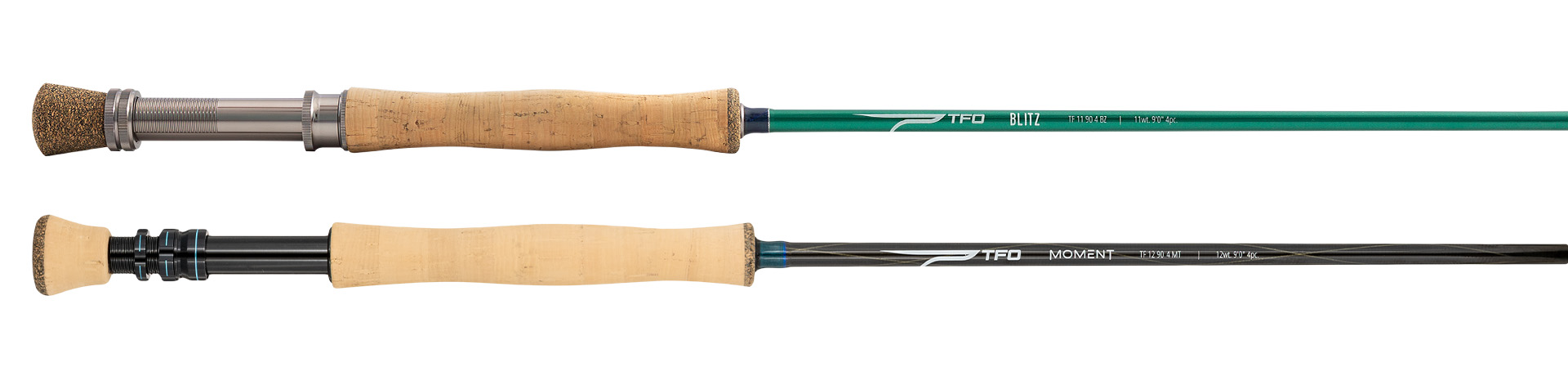 Close-up of TFO Blitz and TFO Moment fly rods showing cork handles and reel seat design.