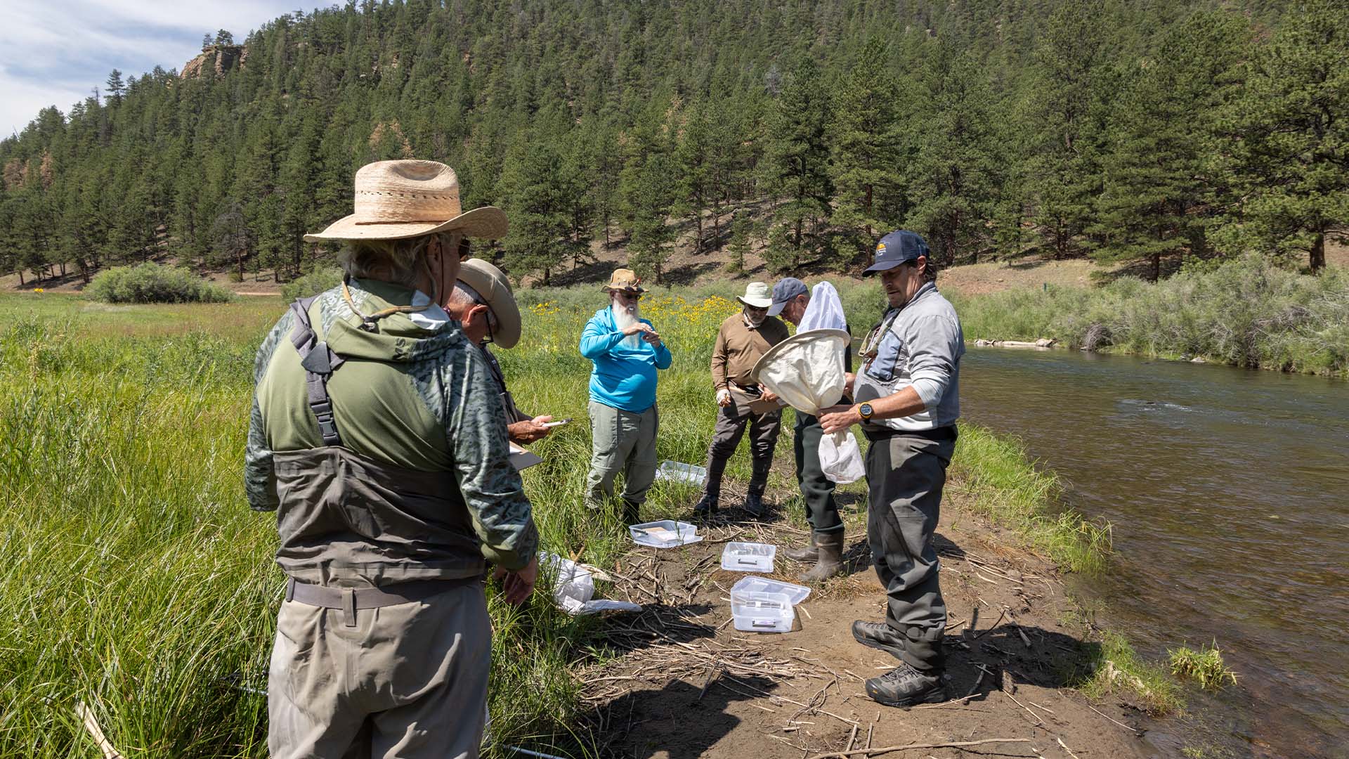 Group of anglers examining aquatic insects along the South Platte River during an entomology session at the TFO fly fishing school in Lake George, Colorado