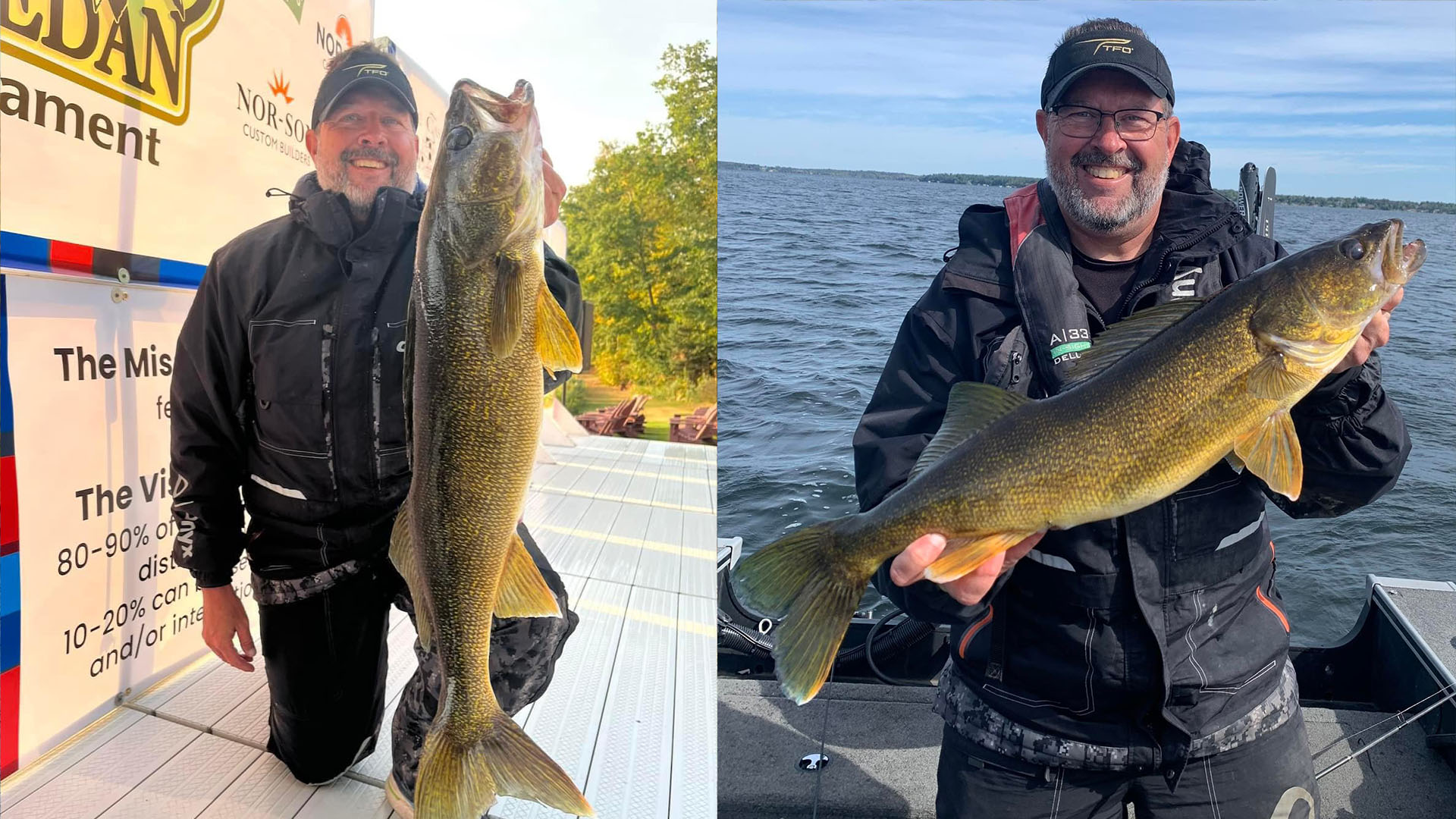 An angler holding two large fall walleyes in separate photos—one taken on a dock and one on a boat during a cool, sunny day.