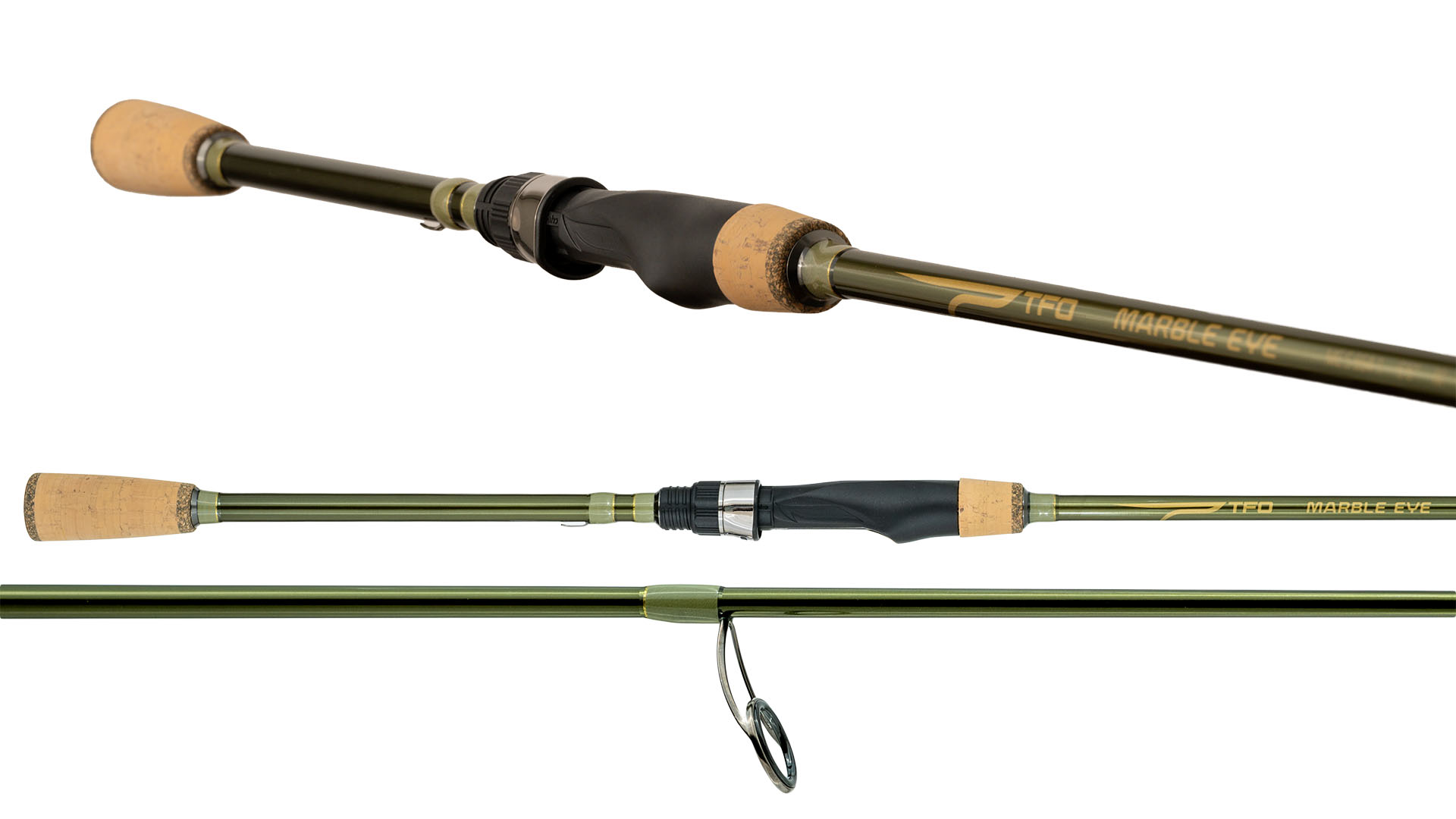 Close-up studio image of TFO MarbleEye spinning rods showing the reel seat, cork handle, and green blank finish.