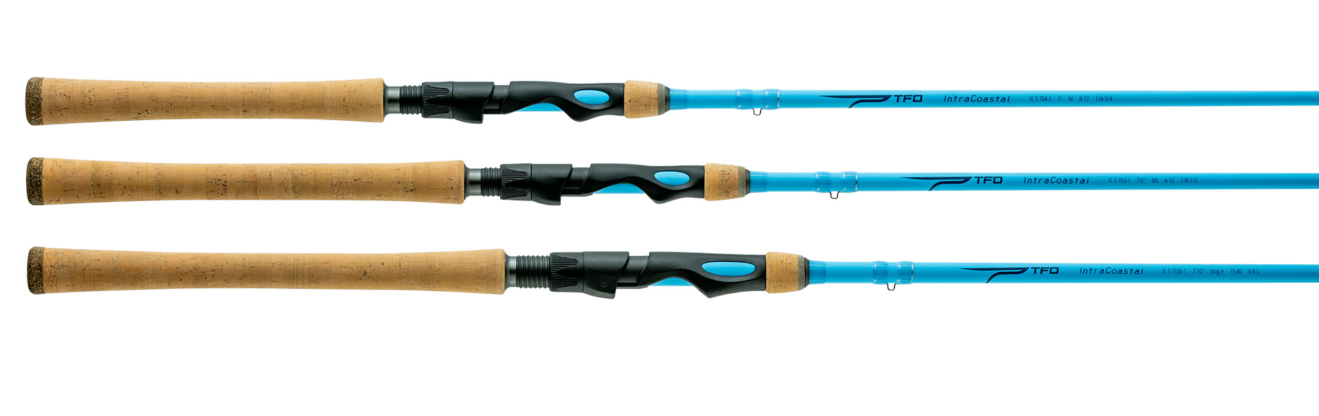 Close up of TFO IntraCoastal spinning and casting rods showing cork handles and bright blue blanks.