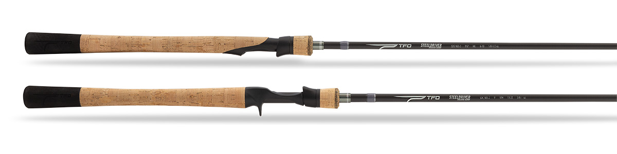 TFO Steeldriver 9’ Medium Heavy Fast rods in spinning and casting models, shown side by side with full cork handles and black reel seats.