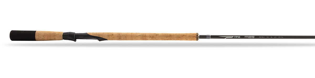 TFO Steeldriver 10’6” Medium Light Fast rod with the Michigan Handle, featuring an extended rear grip and full cork handle for balanced drift control.