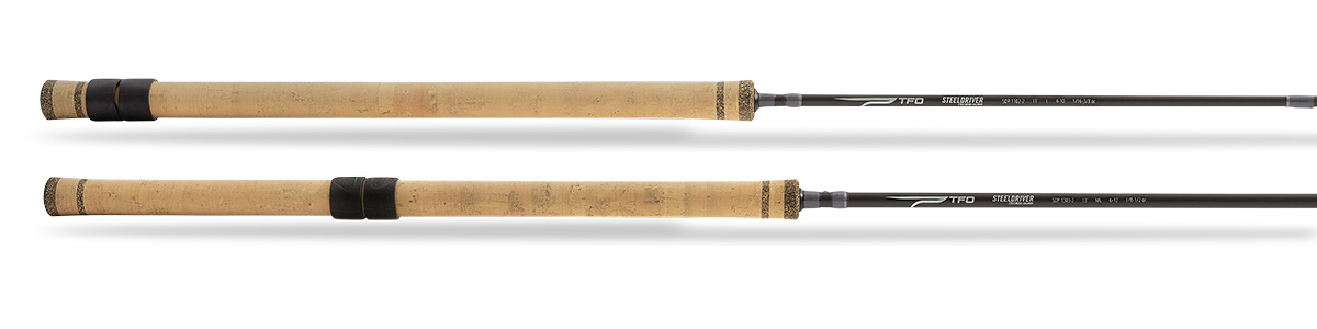 TFO Steeldriver Centerpin rods in 11’0” Light and 13’0” Medium Light models, featuring long full cork handles and black sliding rings for float fishing setups.