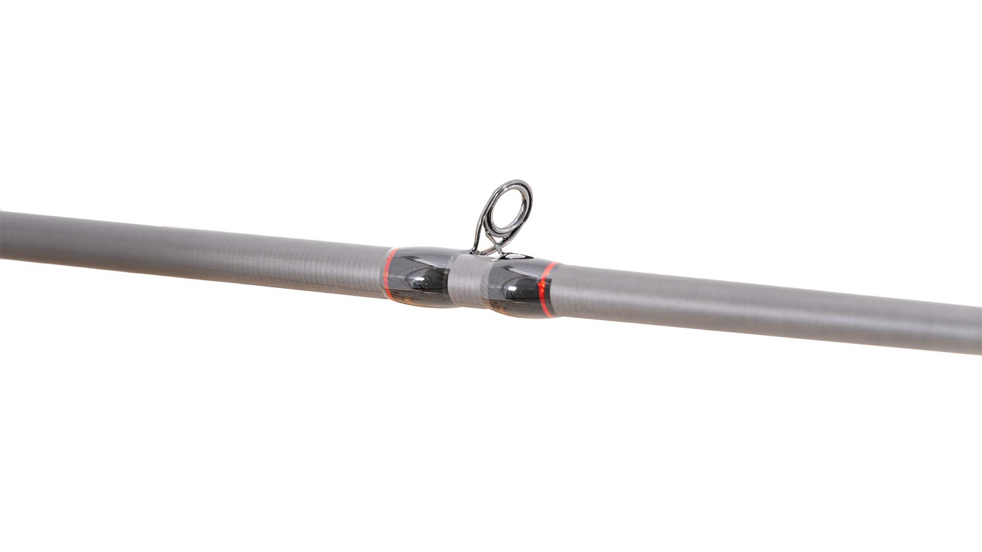 Close-up of TFO Resolve casting rod guide and ferrule with red medium-heavy power color coding