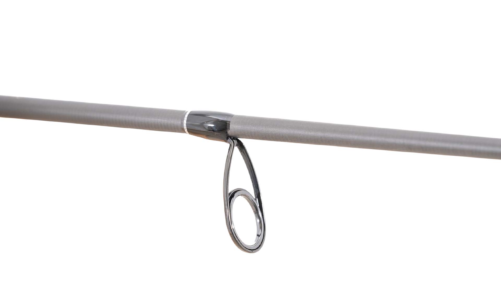Close-up of TFO Resolve spinning rod guide with silver medium-light power color coding